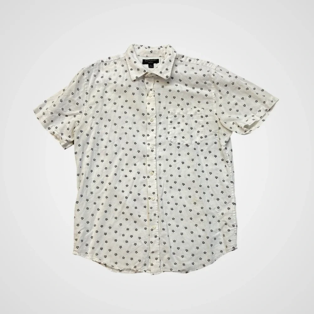 Banana Republic Shirt Mens L‎ White Excellent Linen Slim Fit Floral Short Sleeve